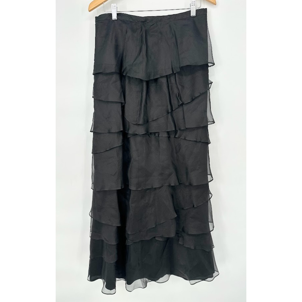 Vtg Veronique Young Tiered Black Maxi Skirt Silk Size 12 Whimsigoth Grunge Fairy